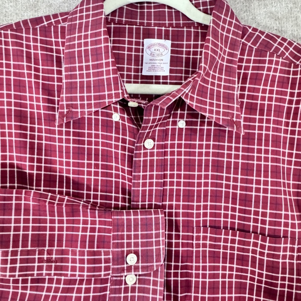 Brooks Brothers Button Down Shirt Mens XXL Maroon Plaid Madison Non Iron Preppy